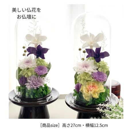 プリザーブドフラワーお供え花ガラスドーム　清蘭~菫すみれ~ 御供 新仏 四十九日 命日 法事 法要 回忌 お彼岸 新盆 旧盆  初盆 和菊