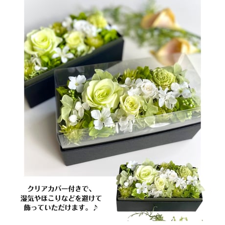 プリザーブドフラワー　ボックスフラワーrect .green　 誕生日 記念日 結婚出産 新築 開店開業祝い 敬老の日 長寿お祝い