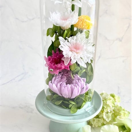 プリザーブドフラワーお供え花ガラスドーム仏花　清蘭～せいらん～ 【送料無料】法要・新盆・旧盆・法事・初盆・お彼岸・初彼岸
