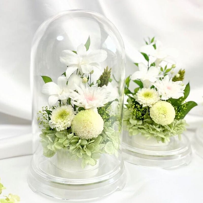 プリザーブドフラワーお供え花ドーム仏花 灯香とうか～白緑 新仏・初七