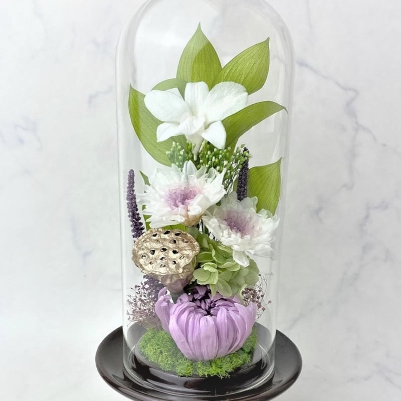 プリザーブドフラワーお供え花ガラスドーム仏花 清蘭~せいらん プリザーブドフラワーお供え花ガラスドーム仏花 清蘭~せいらん