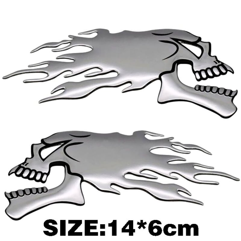 T5：3D ドクロ ステッカー ガイコツ 銀 シルバー ドレスアップ 左右