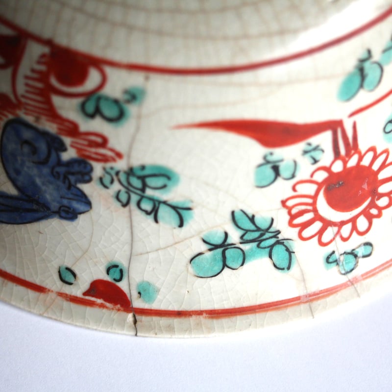 数と骨董】 呉須赤絵写牡丹菊兎文鉢 d21.6cm Swatow Style Bowl, D