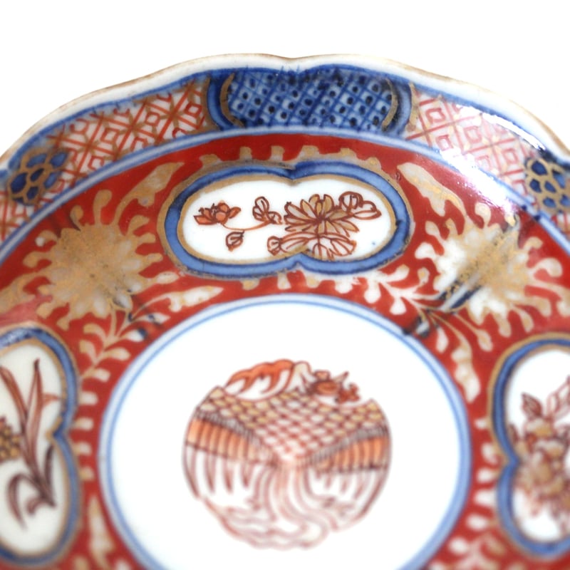 数と骨董】古伊万里色絵鳳凰花卉文輪花小皿 d10.7cm Imari Polychrome