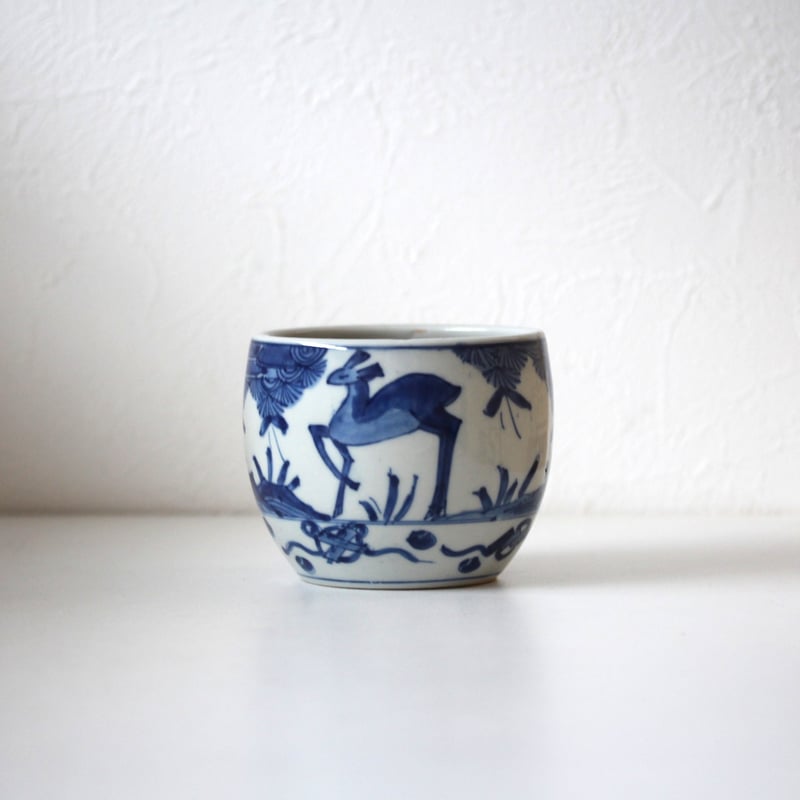 数と骨董】染付双鹿文火入 d11.1cm Blue and White Firing Con