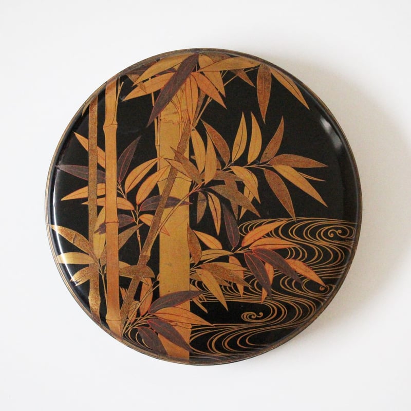 数と骨董】竹扇蒔絵硯箱 d20.7cm Lacquered Wooden Suzuribak