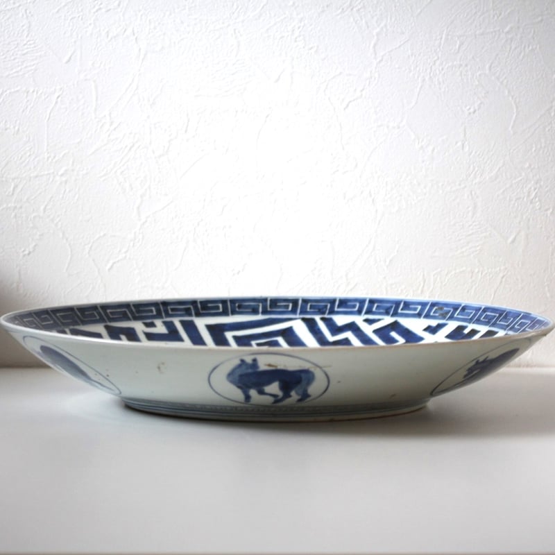 瓢箪から駒】古伊万里染付雷龍文大皿 d48.9cm Imari Blue and White