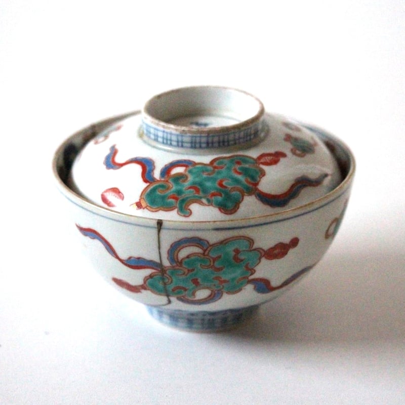 十二支と宝珠】古伊万里色絵犬筥文蓋付碗 d11.2cm Imari 十二支と宝珠】古伊万里色絵犬筥文蓋付碗 d11.2cm Imari