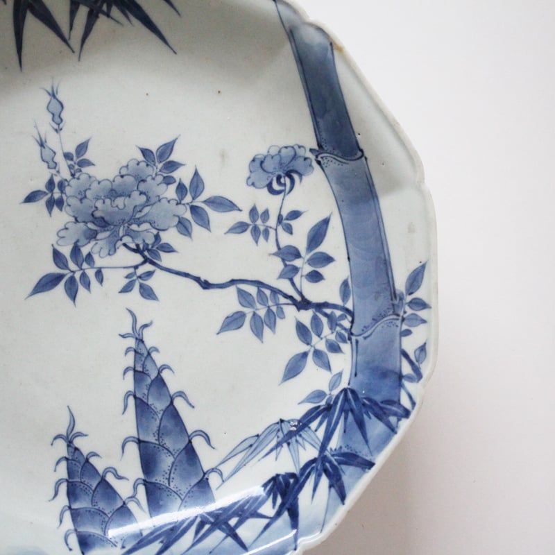 数と骨董】古伊万里染付竹牡丹文十角皿 Imari Blue and White Decago 