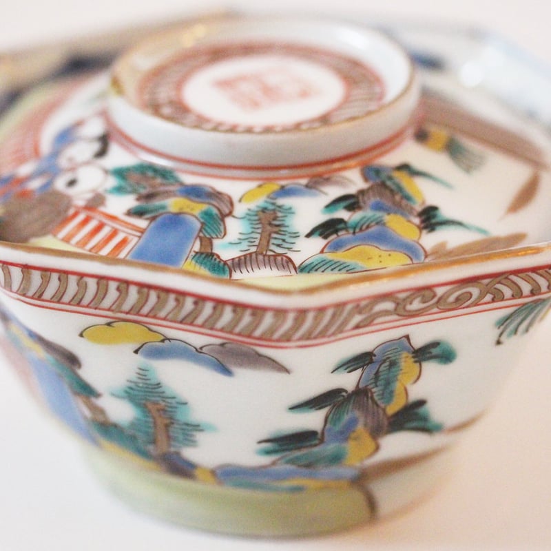 数と骨董】古伊万里色絵唐人物山水文八角蓋付碗 d12.0cm Imari