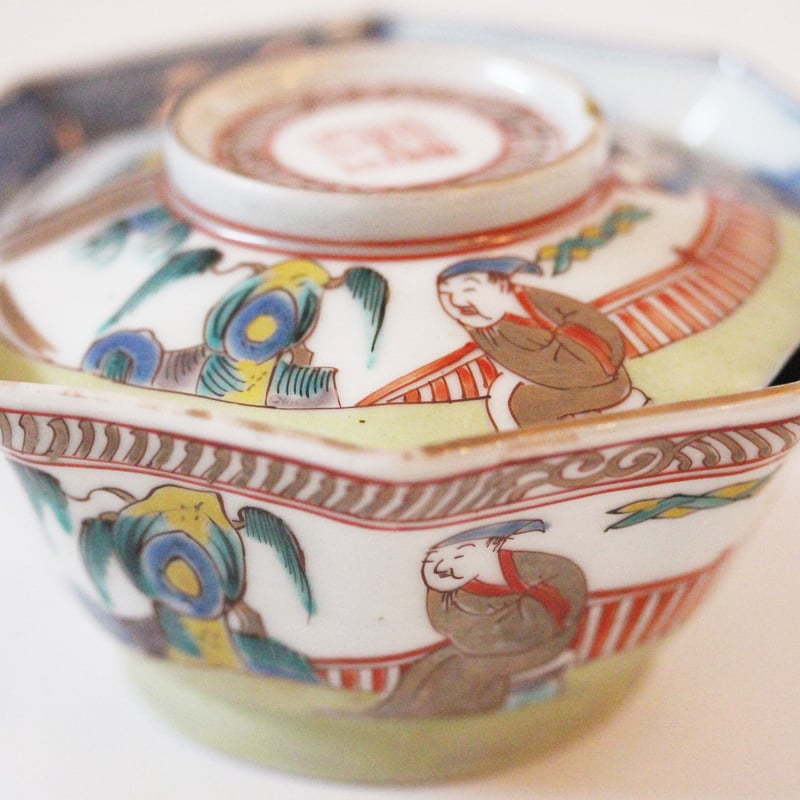数と骨董】古伊万里色絵唐人物山水文八角蓋付碗 d12.0cm Imari