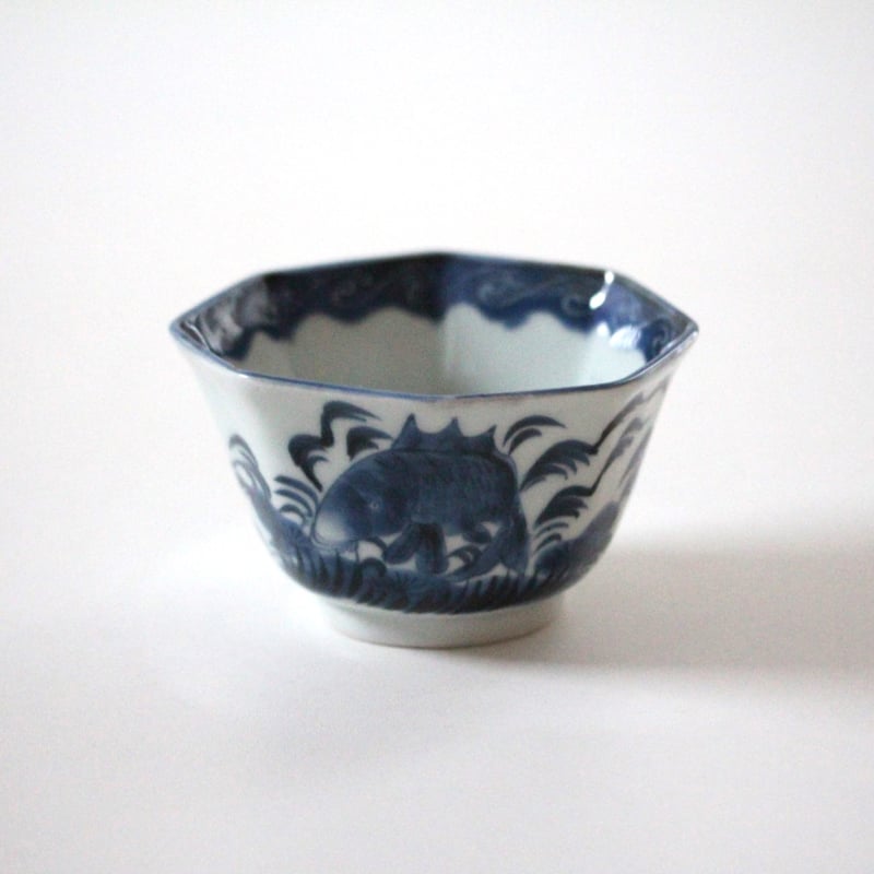 数と骨董】古伊万里染付鯉文八角猪口 d11.1cm Imari Blue and
