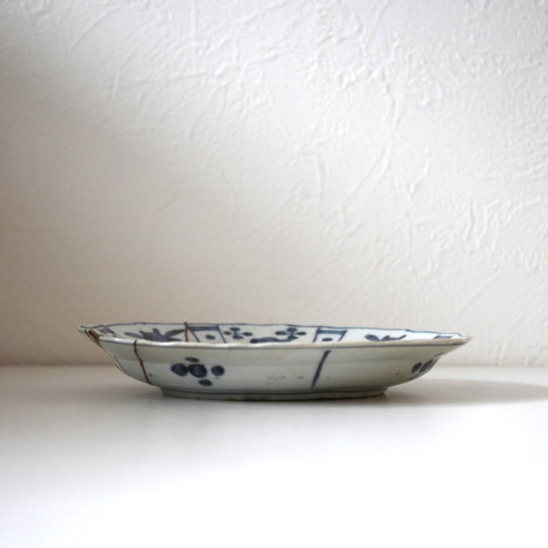 数と骨董】 九谷染付芙蓉手鹿文輪花皿 d20.8cm Kutani Blue and