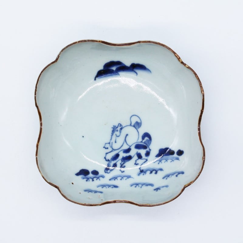 数と骨董】古伊万里染付双馬文四方皿（その3）d14.2cm Imari Blue and