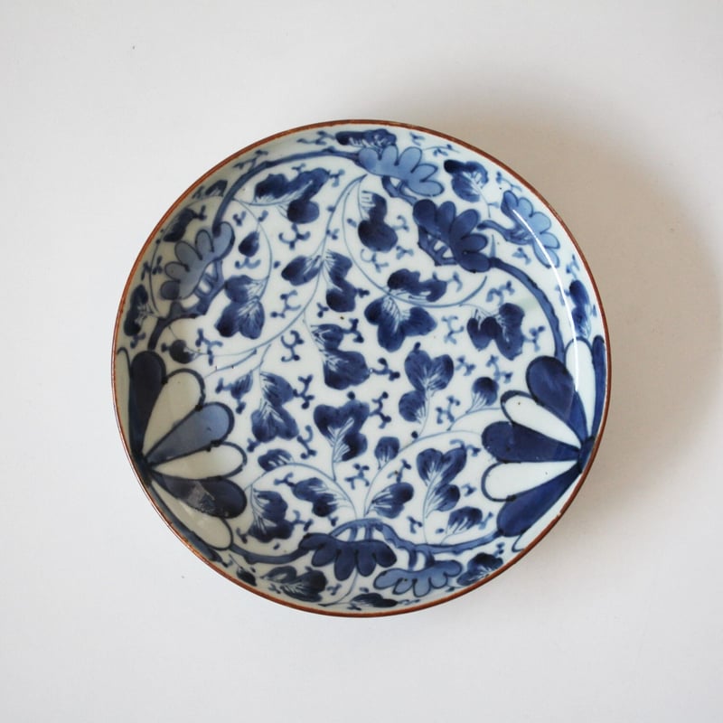 数と骨董】古伊万里染付松菊唐草皿（その1）d19.2cm Imari Blue