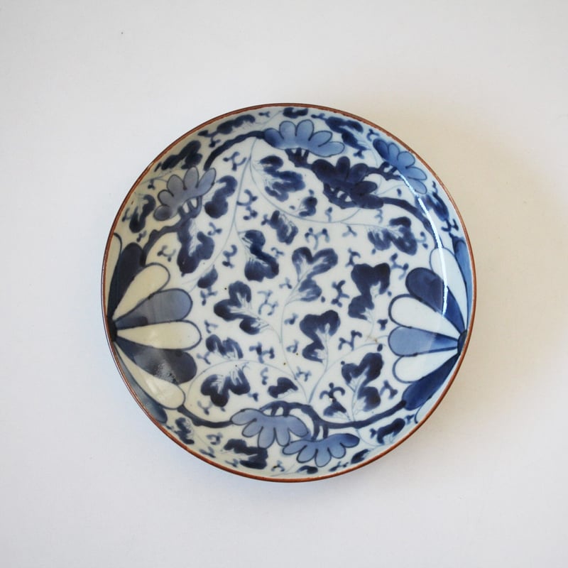 数と骨董】古伊万里染付松菊唐草皿（その3）d18.8cm Imari Blue