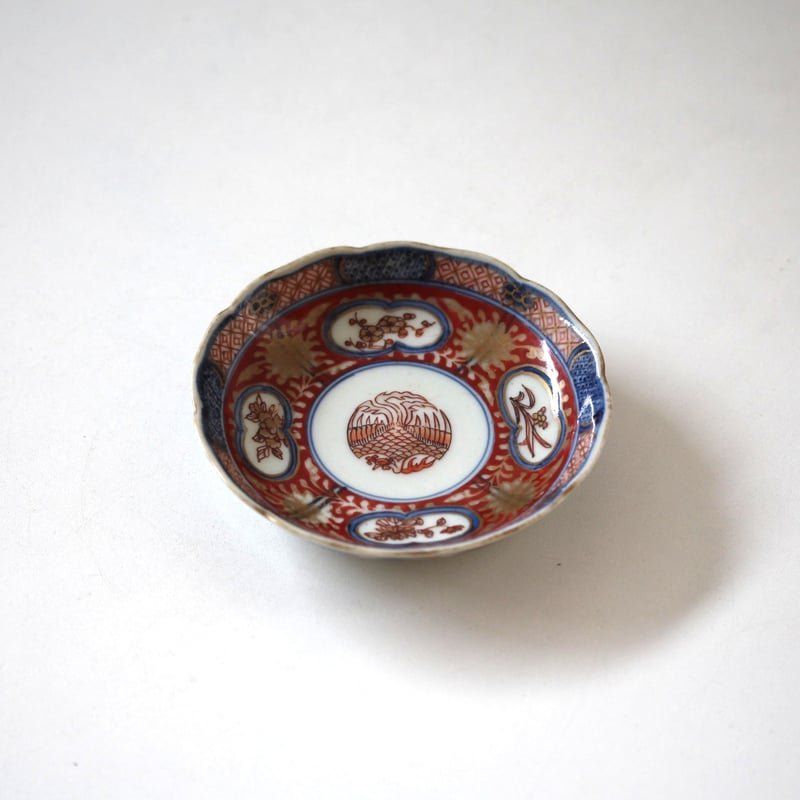 数と骨董】古伊万里色絵鳳凰花卉文輪花小皿 d10.7cm Imari Polychrome