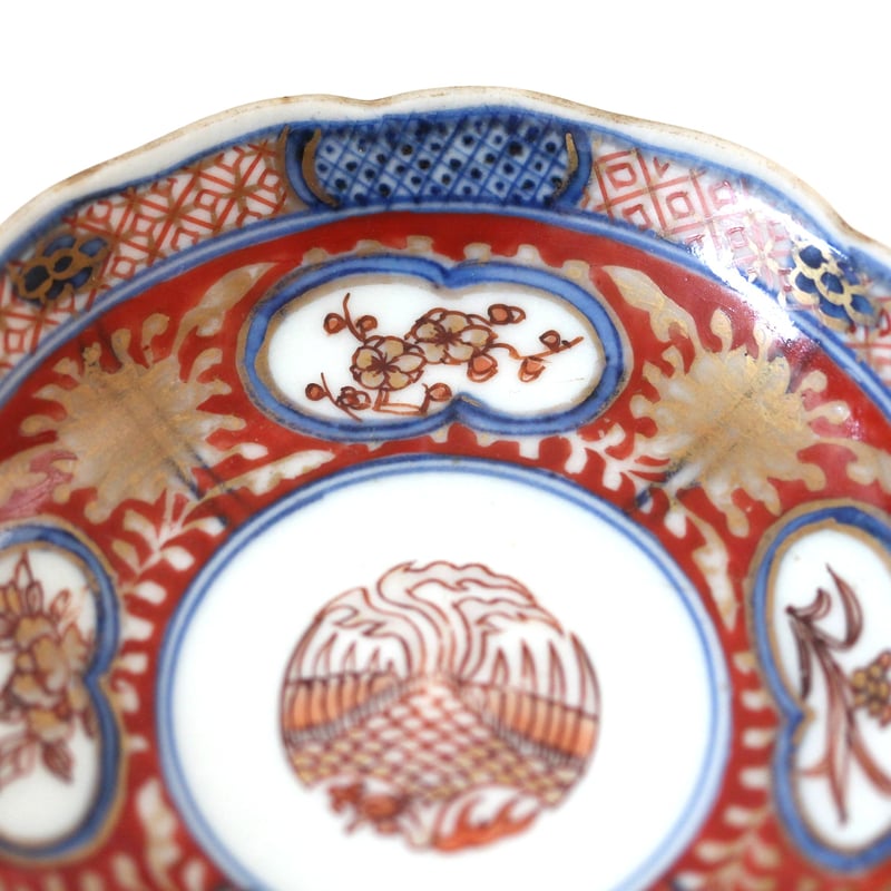 数と骨董】古伊万里色絵鳳凰花卉文輪花小皿 d10.7cm Imari Polychrome