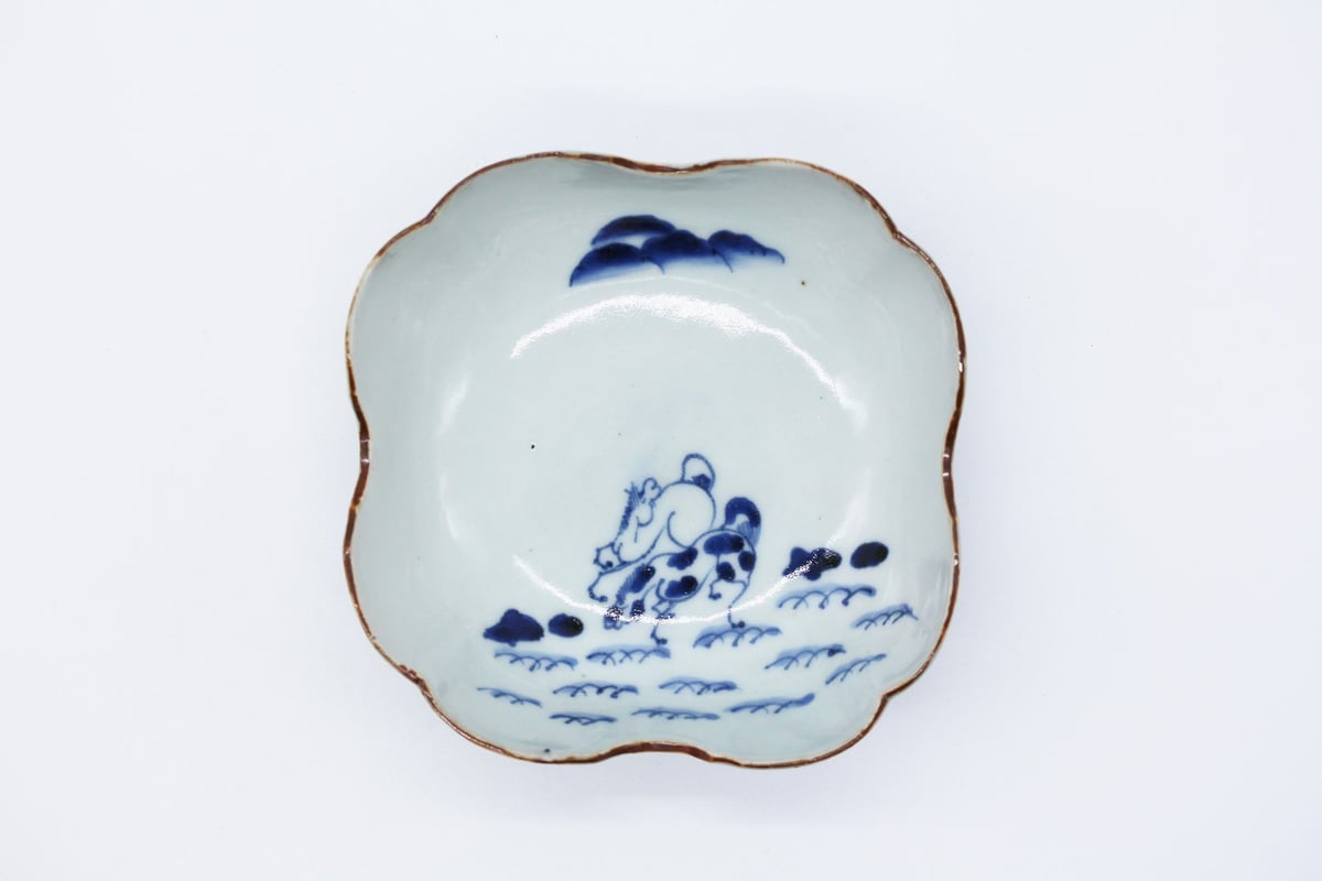 数と骨董】古伊万里染付双馬文四方皿（その1）d14.2cm Imari Blue and