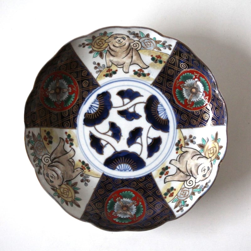 数と骨董】伊万里色絵ブルドック薔薇文輪花皿 d21.8cm Imari