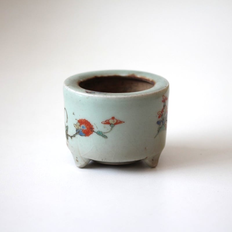 数と骨董】柿右衛門青磁色絵花鳥文香炉 d7.6cm Kakiemon