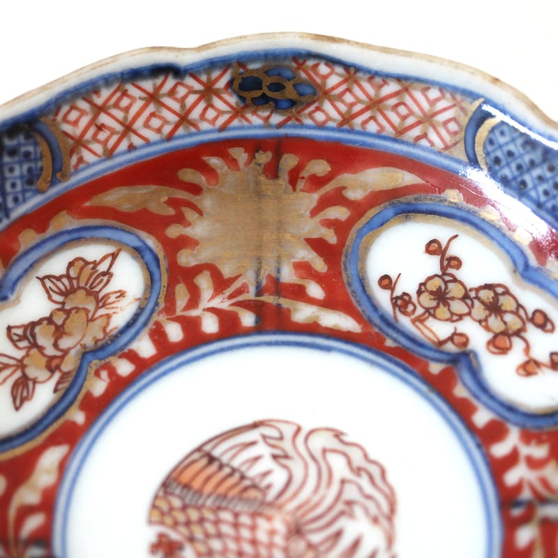 数と骨董】古伊万里色絵鳳凰花卉文輪花小皿 d10.7cm Imari Polychrome