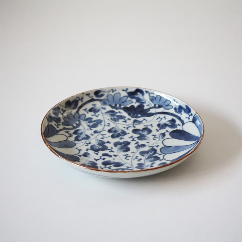 数と骨董】古伊万里染付松菊唐草皿（その2）d18.6cm Imari Blue
