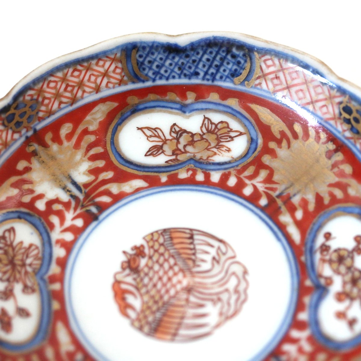 数と骨董】古伊万里色絵鳳凰花卉文輪花小皿 d10.7cm Imari Polychrome