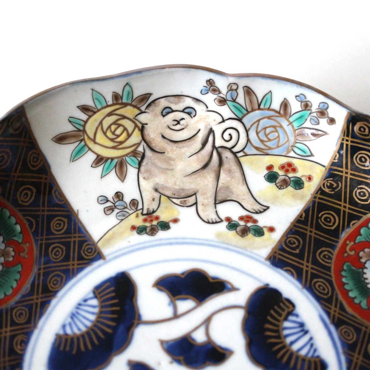 数と骨董】伊万里色絵ブルドック薔薇文輪花皿 d21.8cm Imari