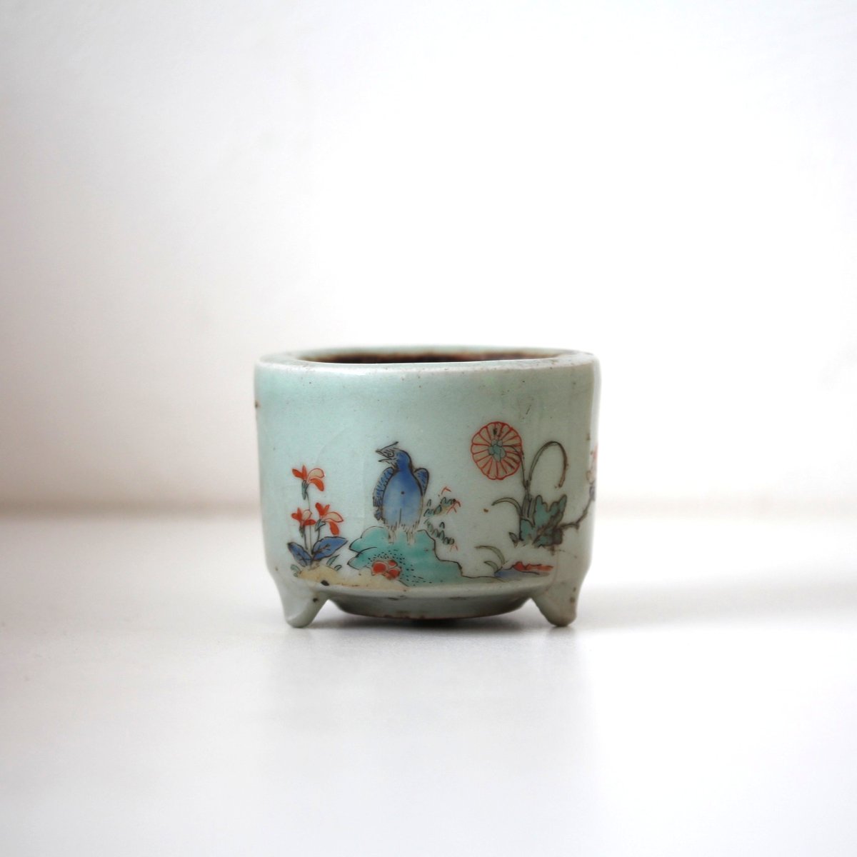 数と骨董】柿右衛門青磁色絵花鳥文香炉 d7.6cm Kakiemon