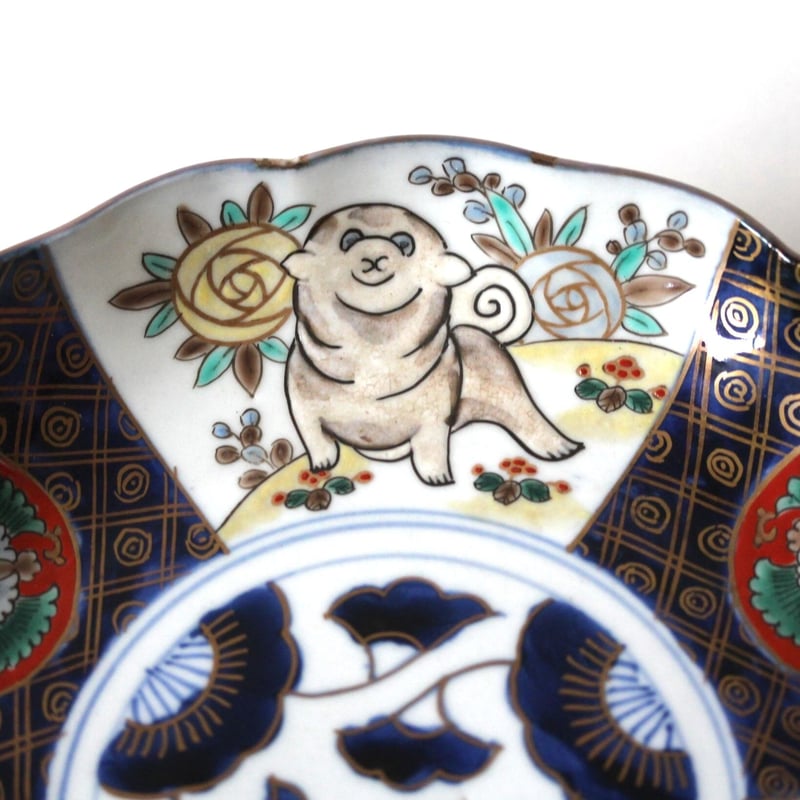 数と骨董】伊万里色絵ブルドック薔薇文輪花皿 d21.8cm Imari