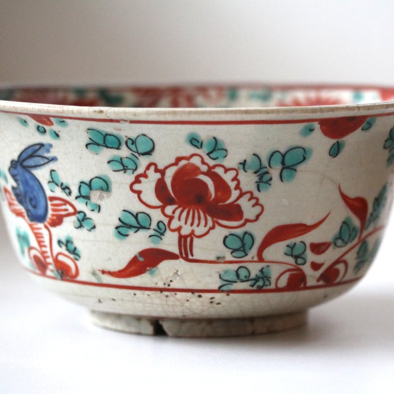 数と骨董】 呉須赤絵写牡丹菊兎文鉢 d21.6cm Swatow Style Bowl, D