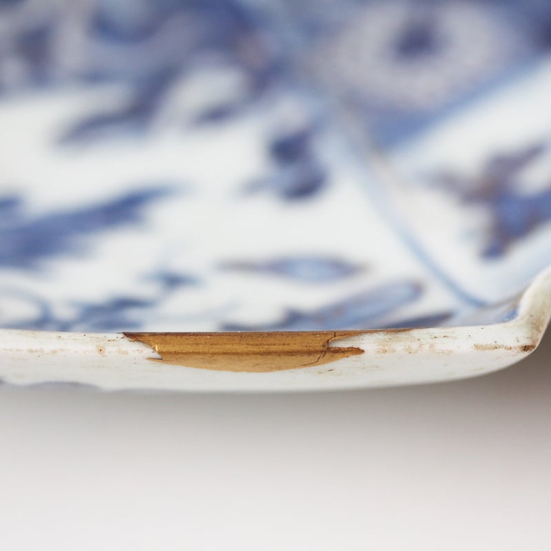 十二支と宝珠】古伊万里染付金彩結文形皿(花蝶・龍鳳凰・貝鳥 十二支と宝珠】古伊万里染付金彩結文形皿(花蝶・龍鳳凰・貝鳥
