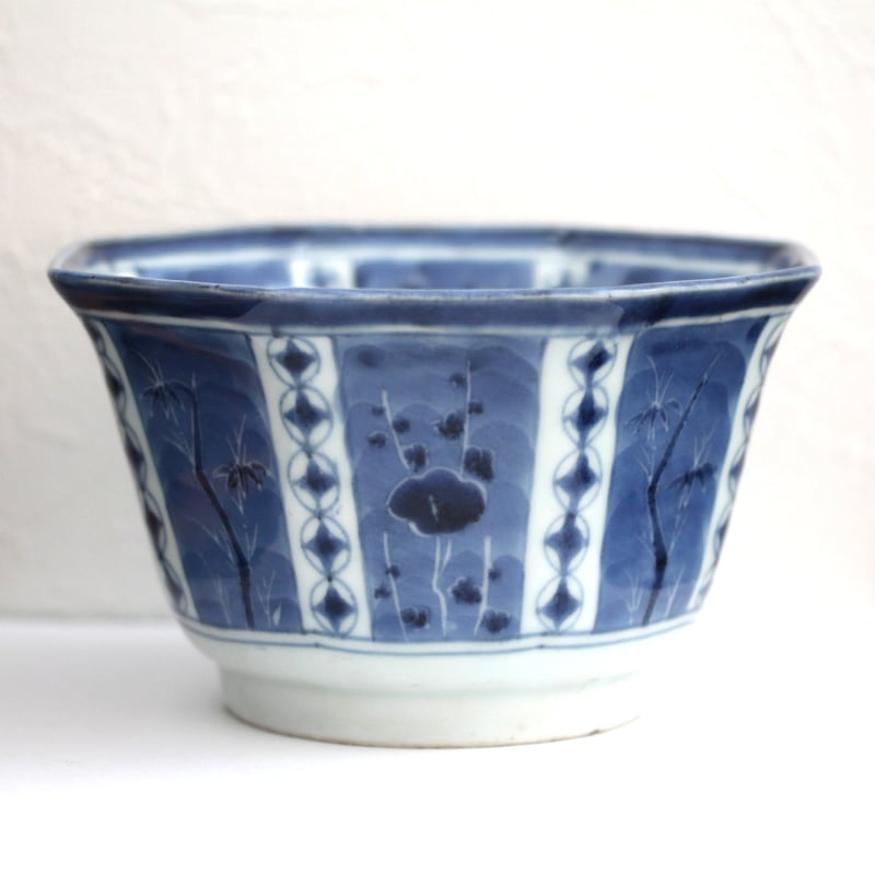 数と骨董】古伊万里染付竹梅鶴文八角鉢 d16.4cm Imari Blue and