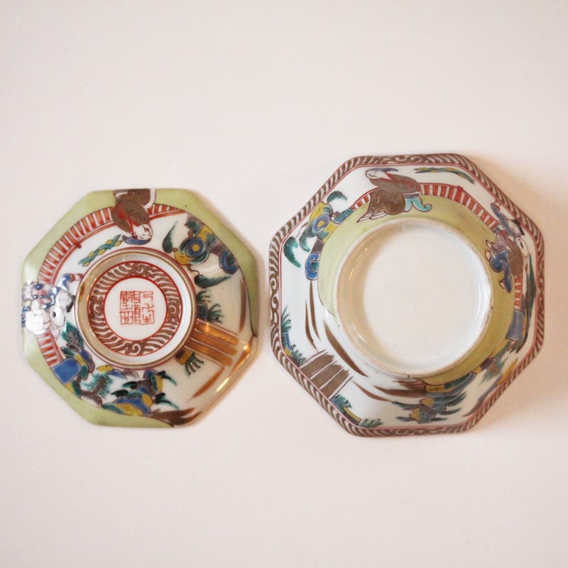 数と骨董】古伊万里色絵唐人物山水文八角蓋付碗 d12.0cm Imari