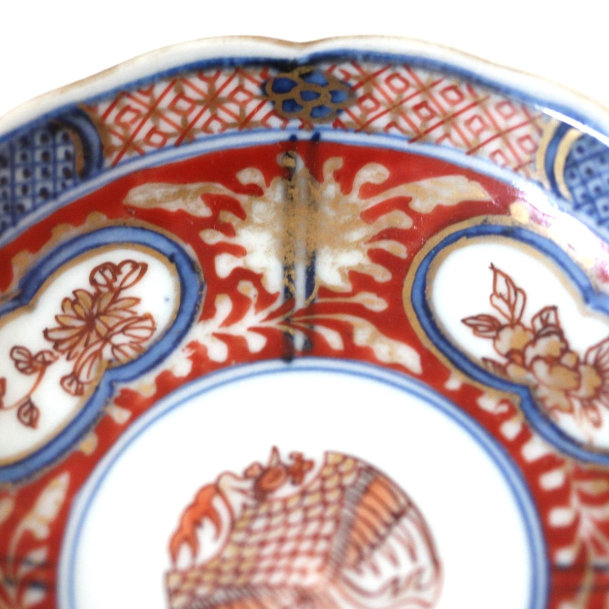 数と骨董】古伊万里色絵鳳凰花卉文輪花小皿 d10.7cm Imari Polychrome