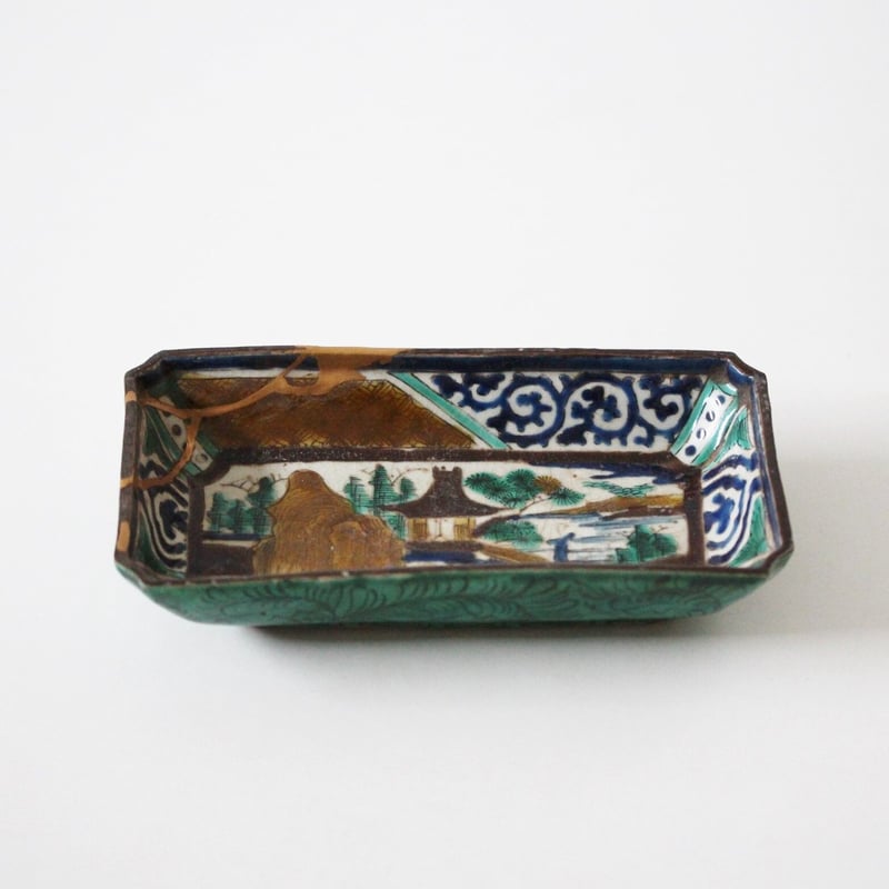 数と骨董】九谷吉田屋色絵山水人物文長皿 d19.8cm Kutani