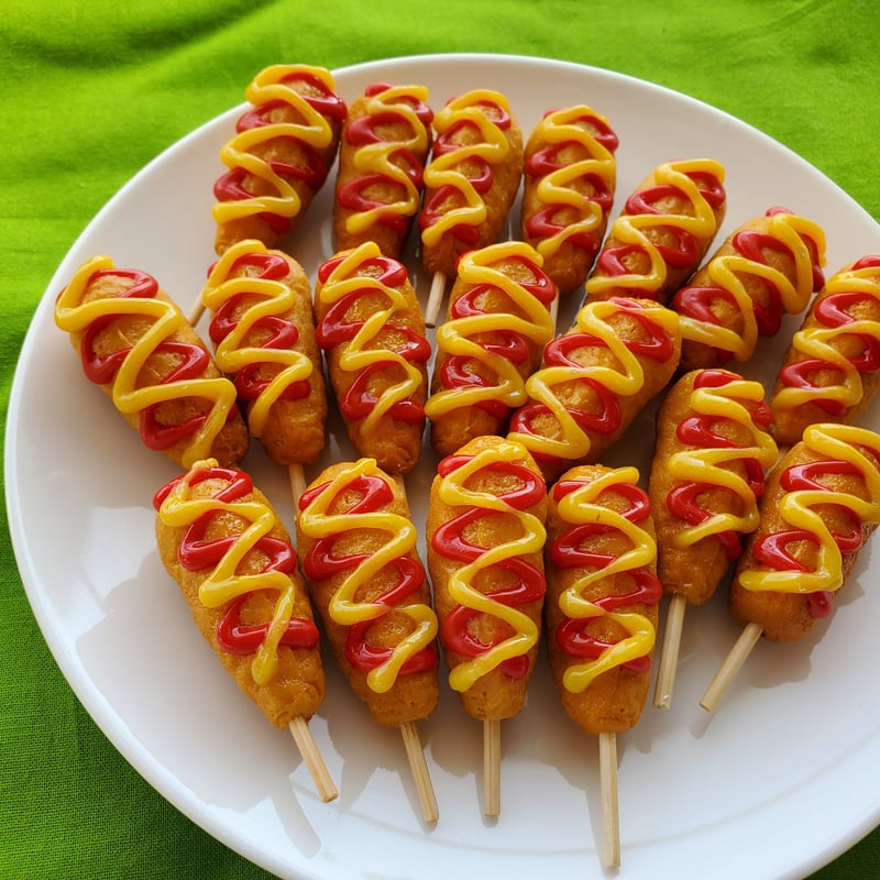 ランプ付きケース　から揚げ　コロッケ　揚げ物　焼きいも　肉まん　アメリカンドック アメリカンドッグ」定番のマスタード&ケチャップ | Food Sample