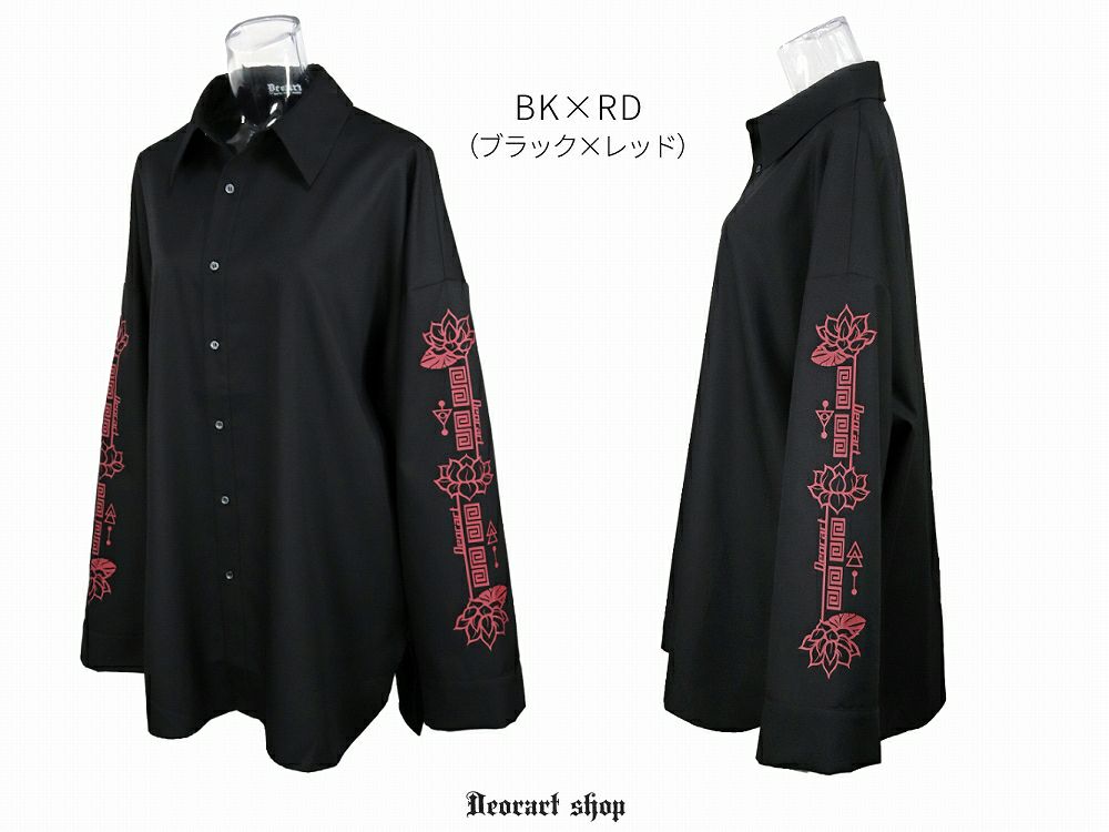 [APPAREL]/ディオラート/プリントスリーブ・ モンスターサイズシャツ[ Goth Lotus 蓮 ] ブラック x レッド (L) ゴスロリ・パンク/Deorart Deorart/ディオラート】 プリントスリーブ・ モンスターサイズシャツ