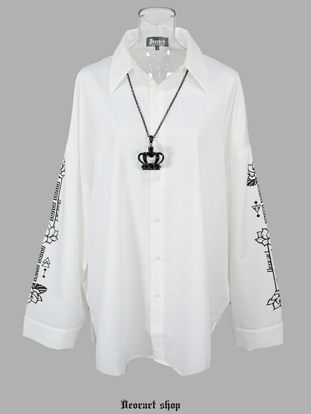 [APPAREL]/ディオラート/プリントスリーブ・ モンスターサイズシャツ[ Goth Lotus 蓮 ] ホワイト x ブラック (L) ゴスロリ・パンク/Deorart Deorart/ディオラート】 プリントスリーブ・ モンスターサイズシャツ