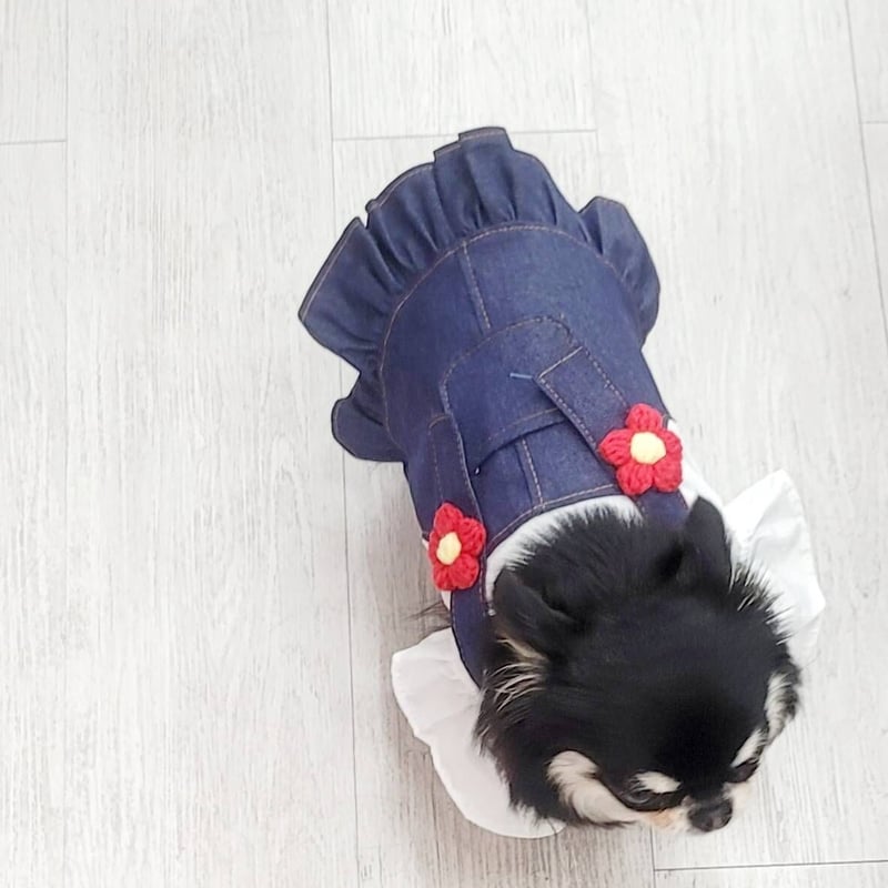 ジャンバースカート 犬服 犬 デニム スカート ワンピース お花
