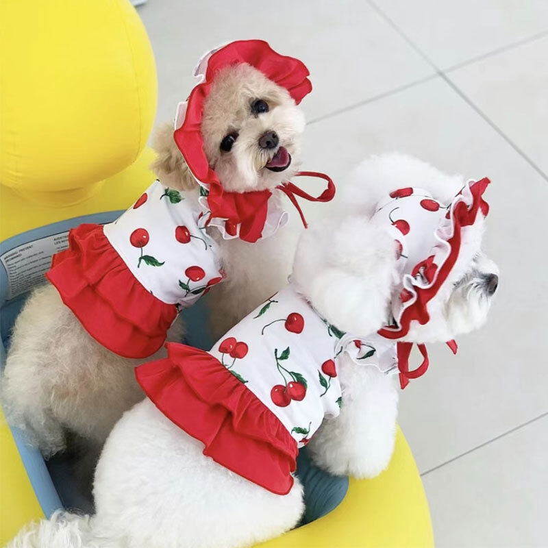 犬の服 チェリー ワンピース 帽子付き 犬 犬服 春 夏 さくらんぼ