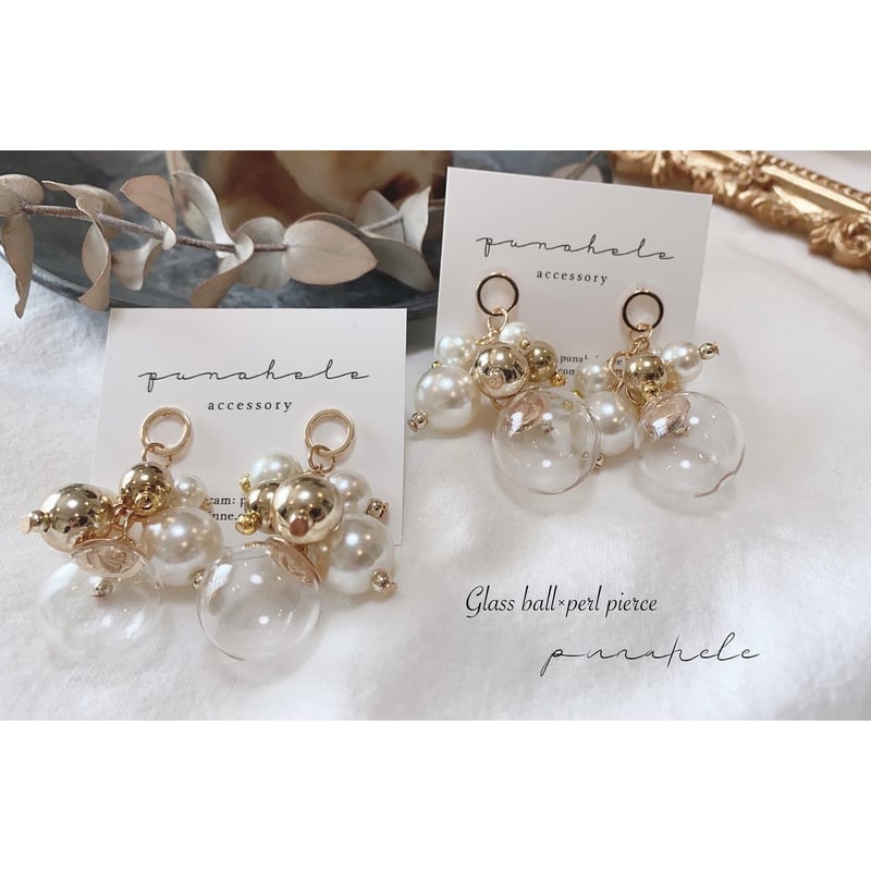ガラスボールのパールじゃらじゃらピアス | PUNAHELE STORE