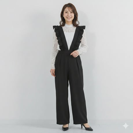 肩フリル Vネック サロペットパンツ