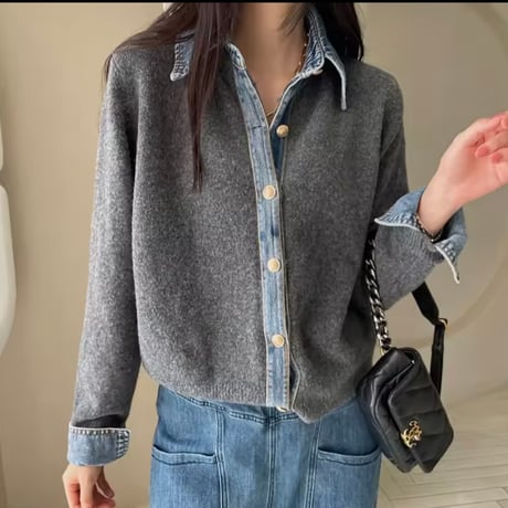 再入荷 デニム切り替えニットシャツジャケット