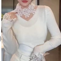襟元・袖口レース リブニットトップス