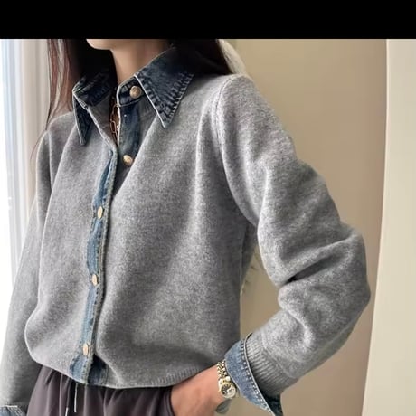 再入荷 デニム切り替えニットシャツジャケット