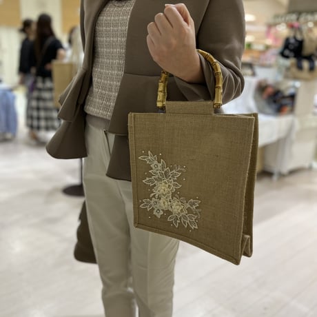 デコレーションジュートバッグ バンブーハンドル