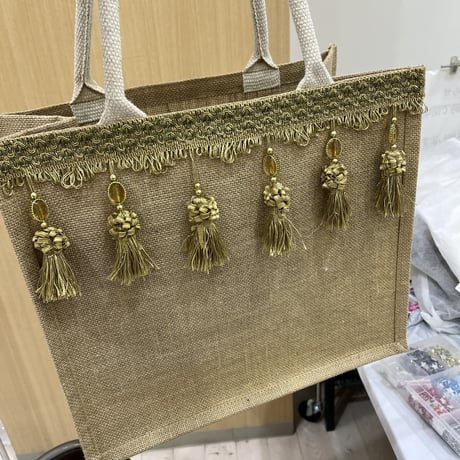 デコレーションジュートバッグ バンブーハンドル