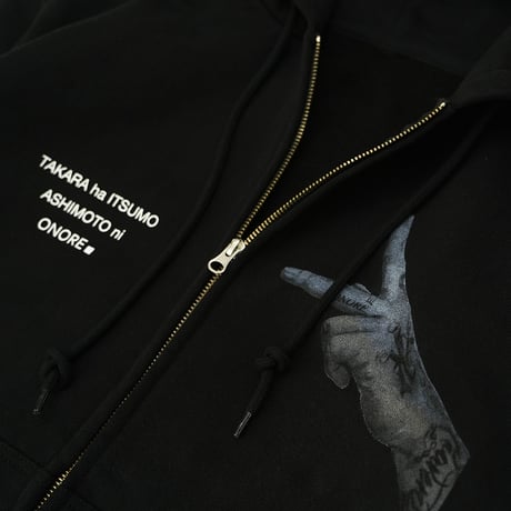 ONORE■ / "Peace Hand" 15oz ZIP UP SWEAT Hoodie / BLACK